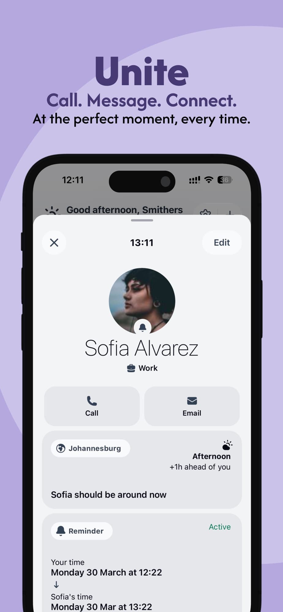Clocka’s contact screen for Sofia, showing her local time in Johannesburg, Call and Email actions, and an active reminder.