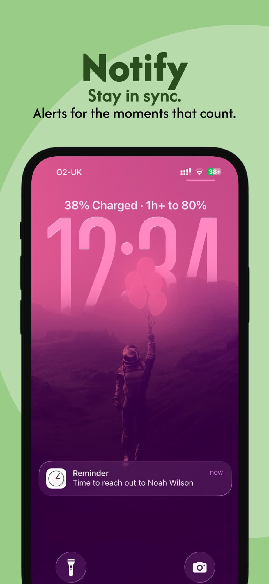 An iPhone lock screen displaying a Clocka reminder notification: Time to reach out to Noah Wilson.