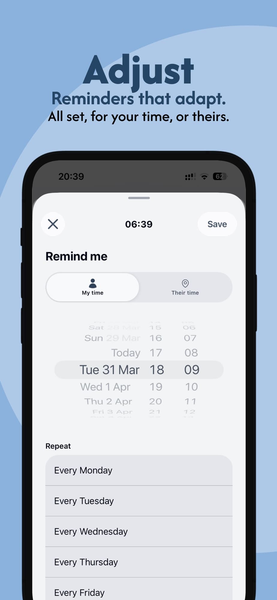 Clocka’s reminder picker with My time and Their time options, a date and time selector, and weekly repeat days.