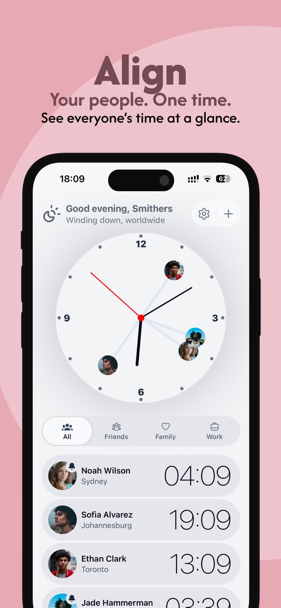 Clocka’s world clock with contact photos on its hands, Friends, Family and Work filters, and a list of contacts with their local times.